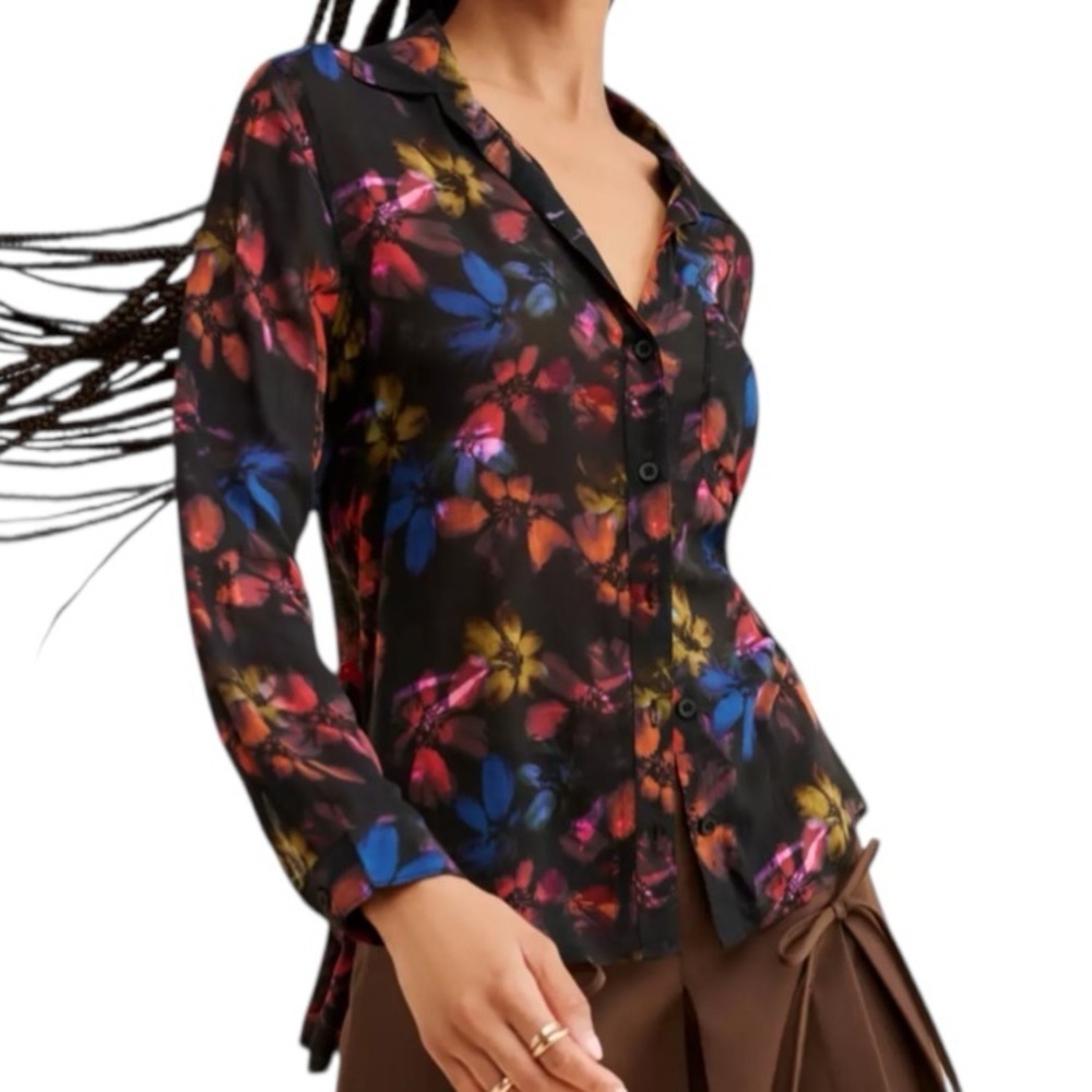NWT BELLA DAHL Floral Long Sleeve Button Front Semi-Sheer Blouse Size Small
